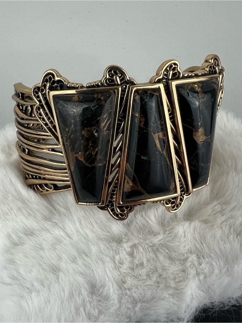 VTG BARSE THAI Bronze Statement Cuff Bracelet Wide Black Gold Foil